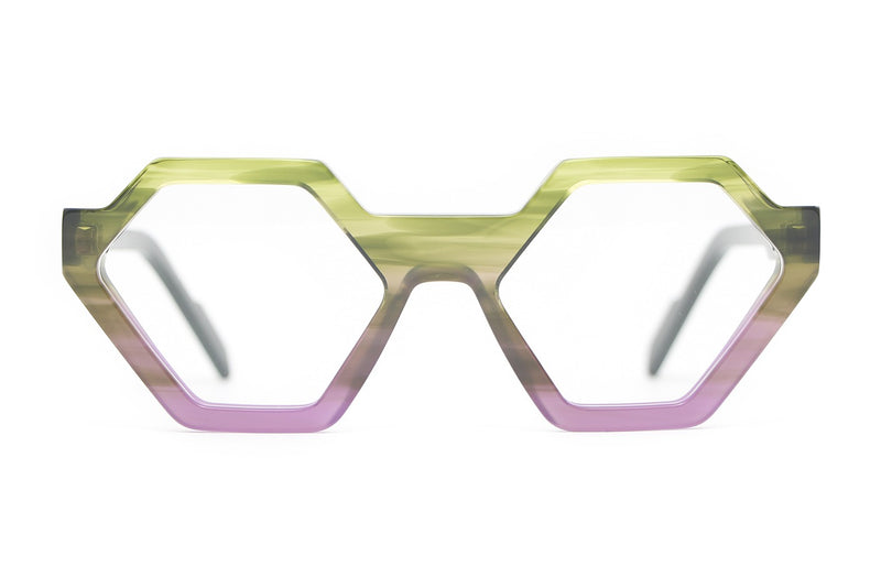 Henau Hector Olive and Lilac eyeglasses, front view