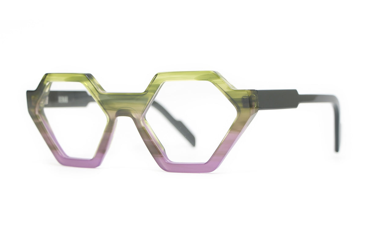 Henau Hector Olive and Lilac eyeglasses, angled view