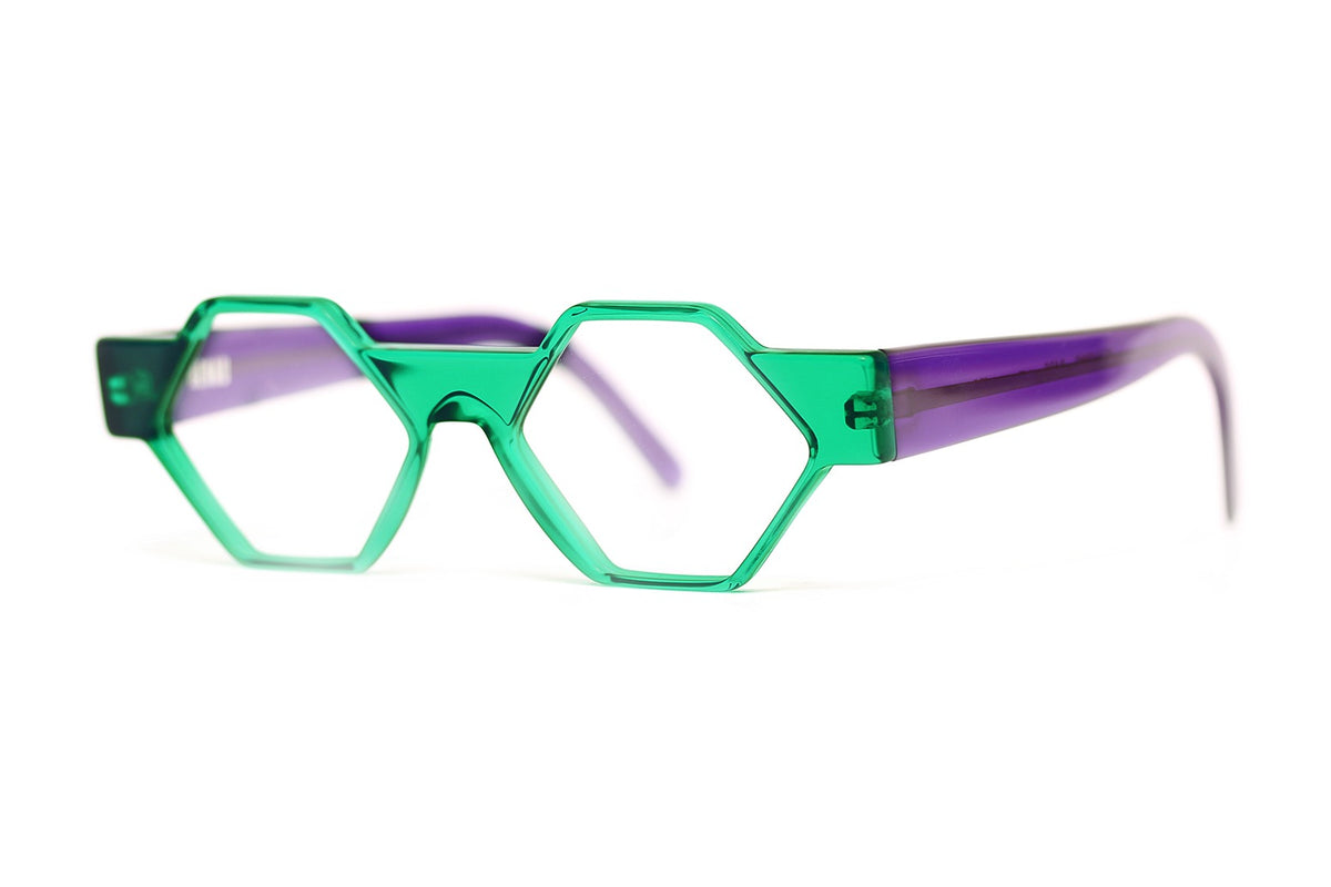 Henau Hexagono Green Crystal eyeglasses, angled view