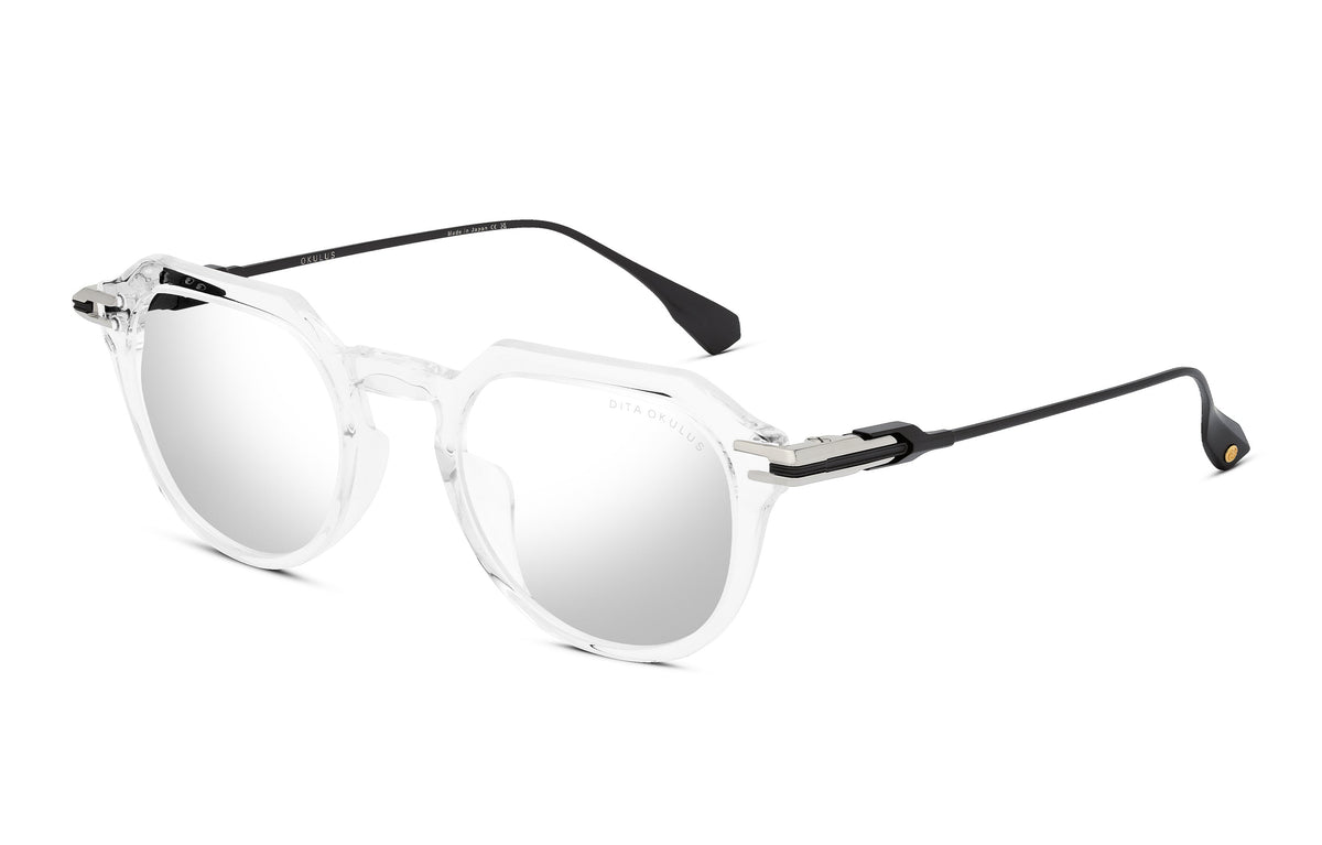 DITA Okulus Crystal Clear / Shiny Silver / Black Iron eyeglasses, angled view